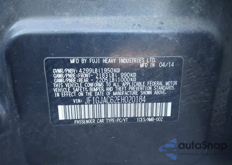 2014 Subaru Impreza 2.0I Premium из США, поврежденный, VIN JF1GJAC62EH020184